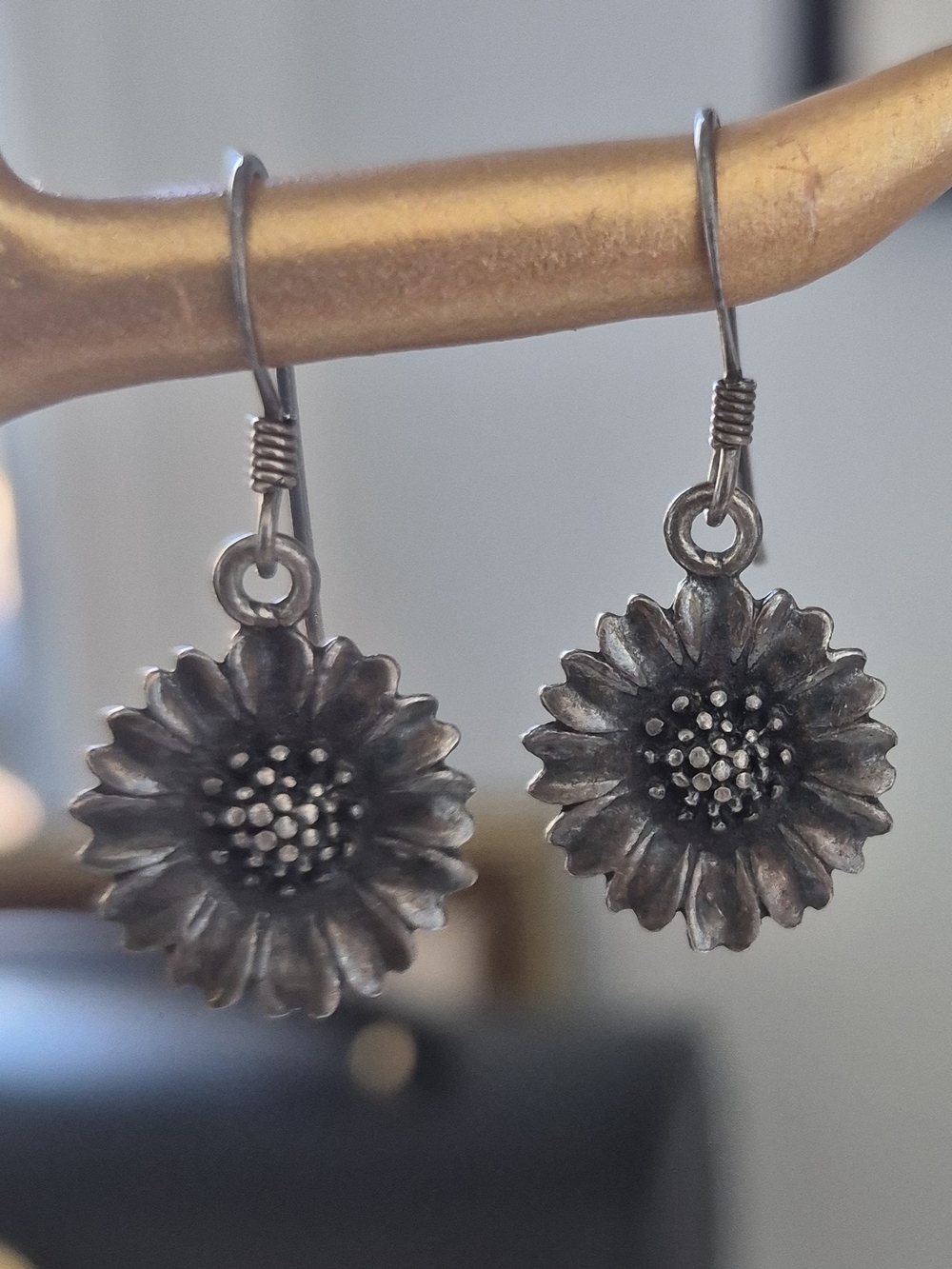 Sunflower Drop Earrings in Antiqued Silver - Unbranded